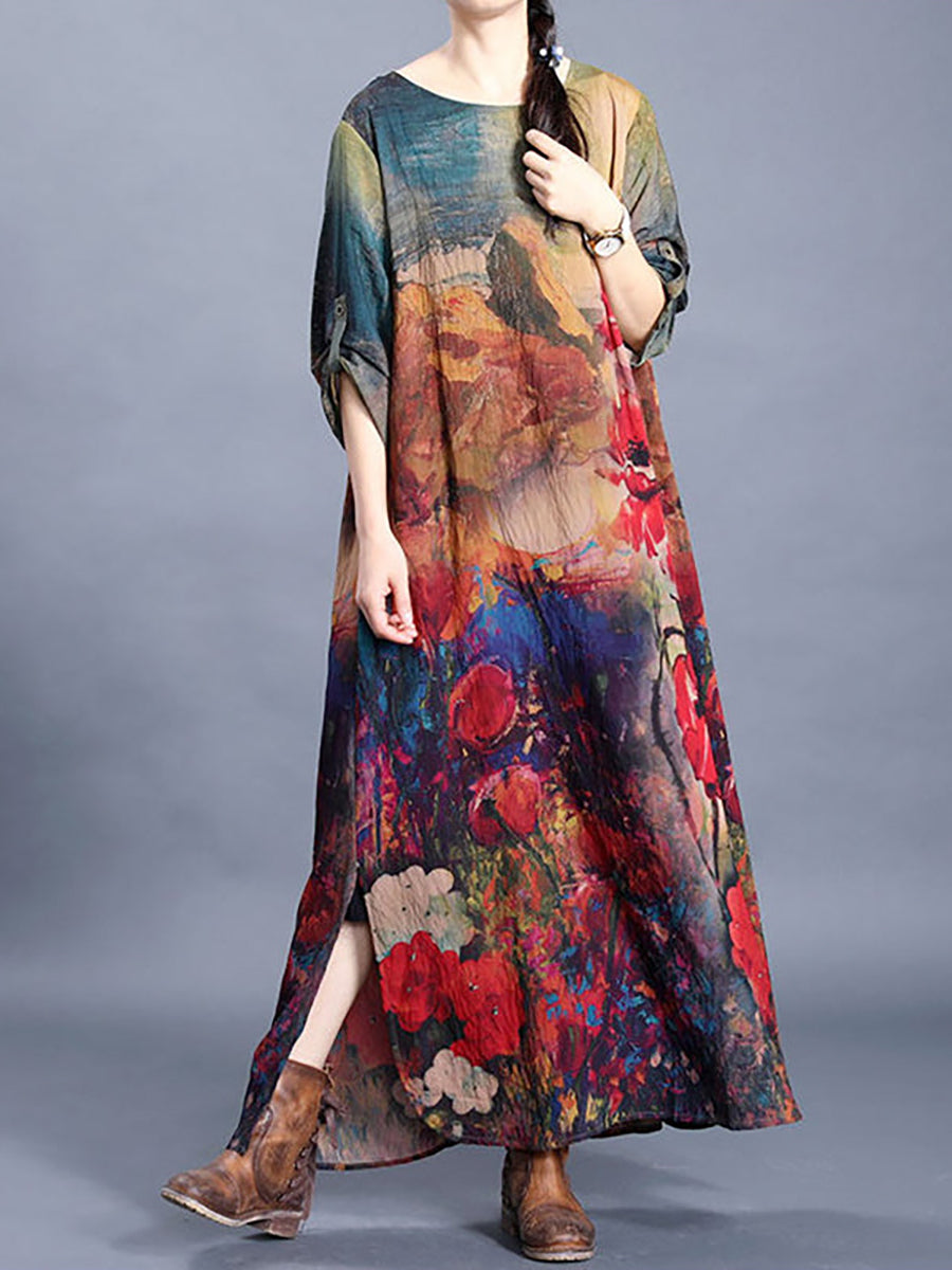 Plus Size Flower Printed Retro Split Hem Silk Dress – BUYKUD