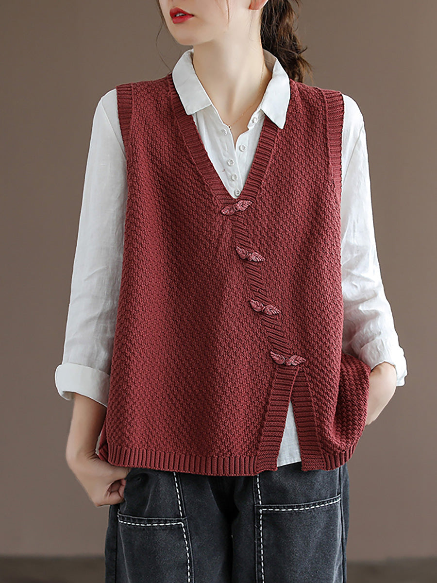 Plus Size Women Button Knitted Vest Waistcoat Sweater BUYKUD