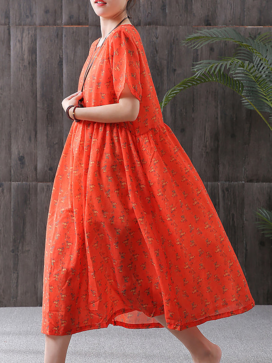 Women Print Cotton Linen Dresses Short Sleeve Summer Clothing – BUYKUD