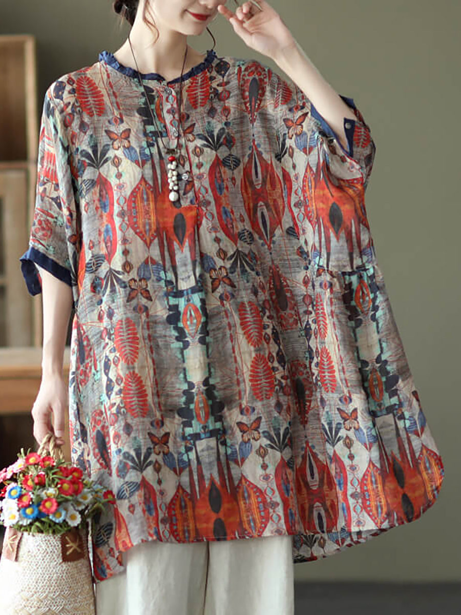Plus Size - Ramie Floral Vintage Women Print Casual Shirt – BUYKUD