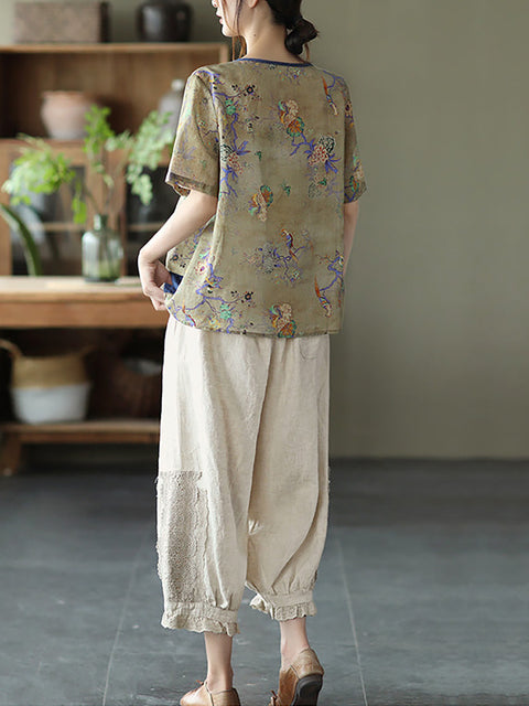 Women Vintage Flower V-neck Drawstring Ramie Shirt main image 1