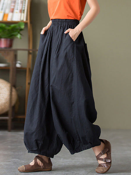 Plus Size Women Cotton Linen Pocket Casual Lantern Pants