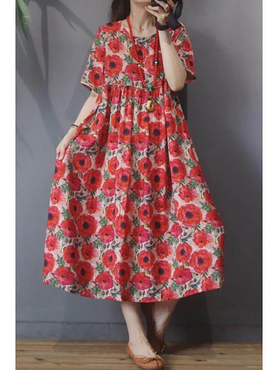 Plus Size - Women Floral Vintage Casual Short Sleeve Dress – BUYKUD