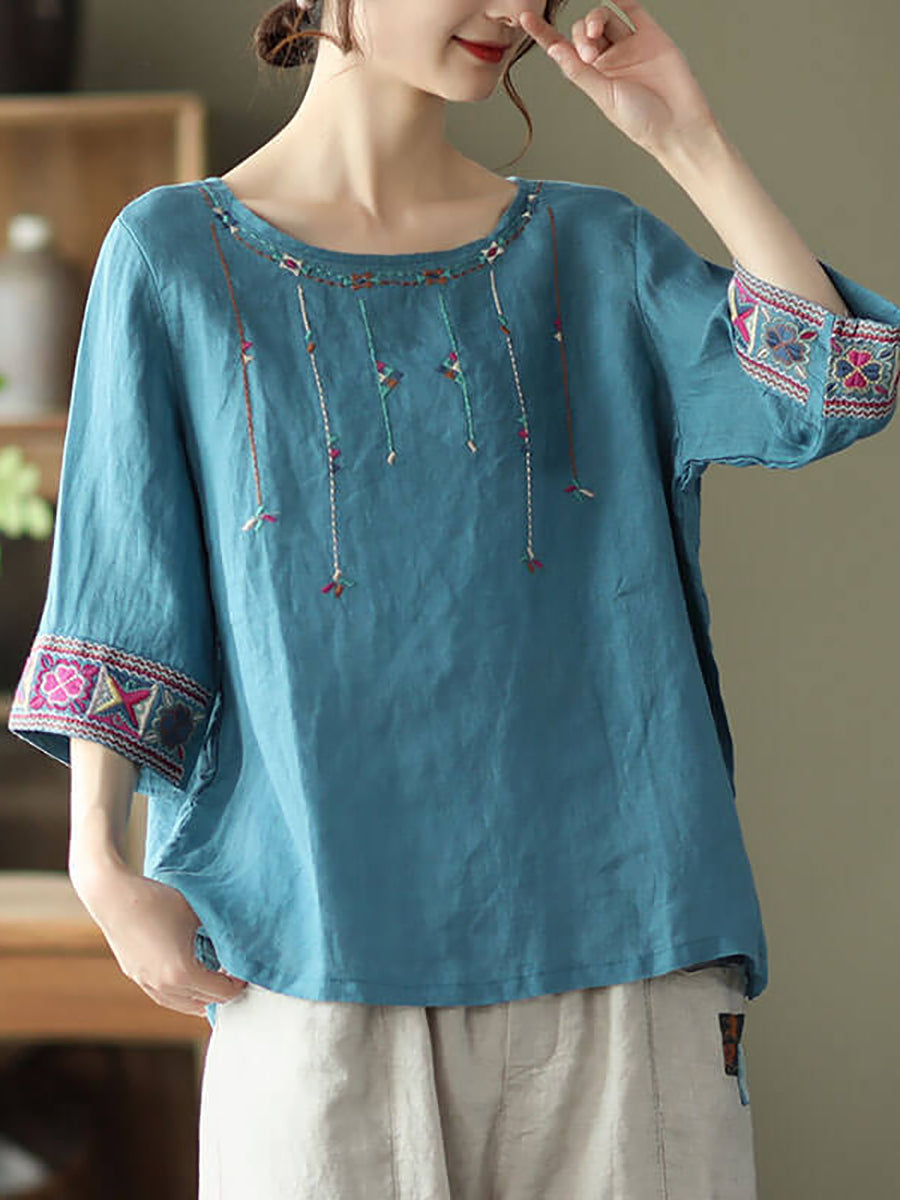 Plus Size - Women Linen Vintage Embroidered T-shirt – BUYKUD