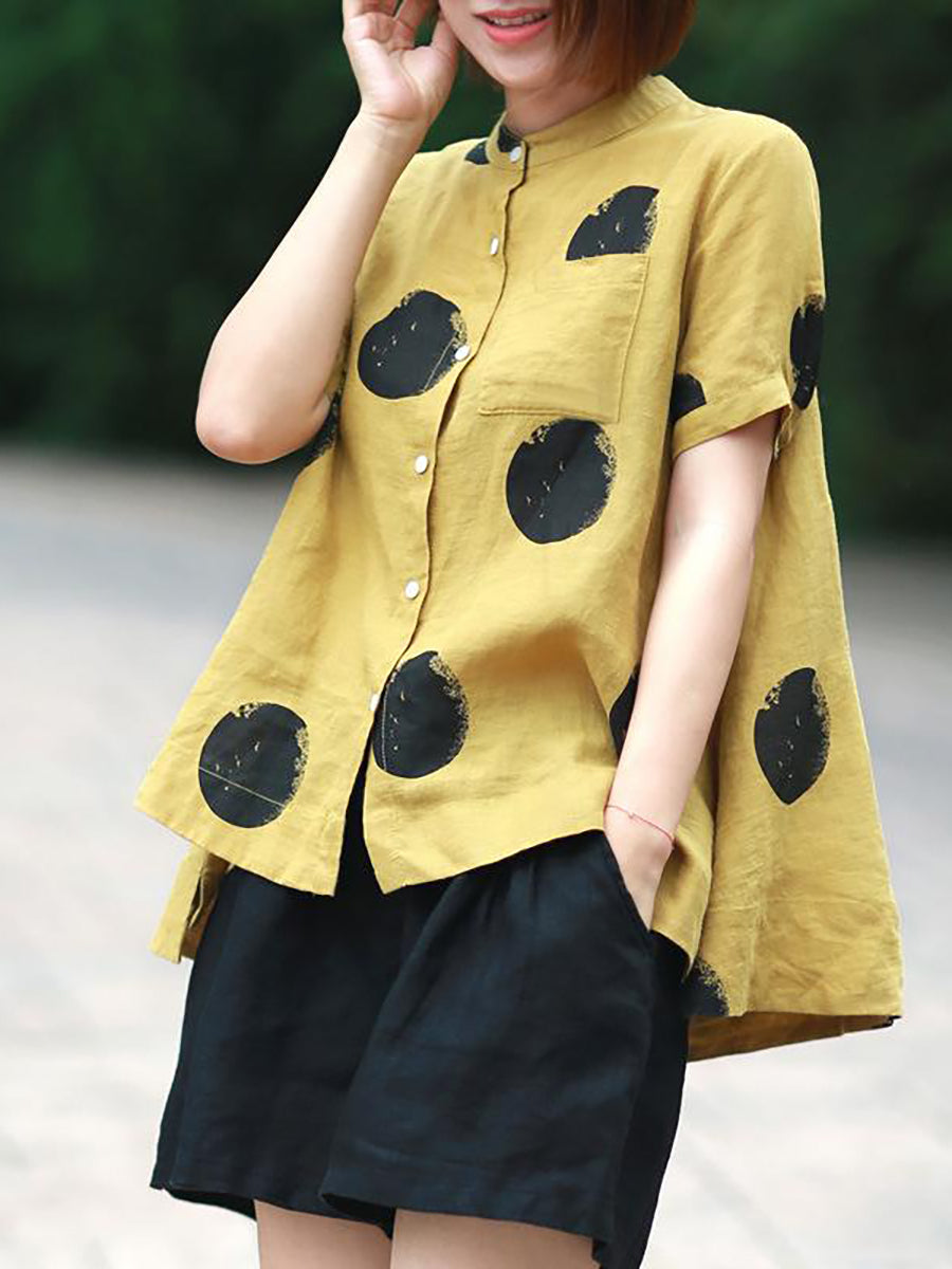 Plus Size - Polka Dot Cotton Linen Stand Collar Shirt – BUYKUD