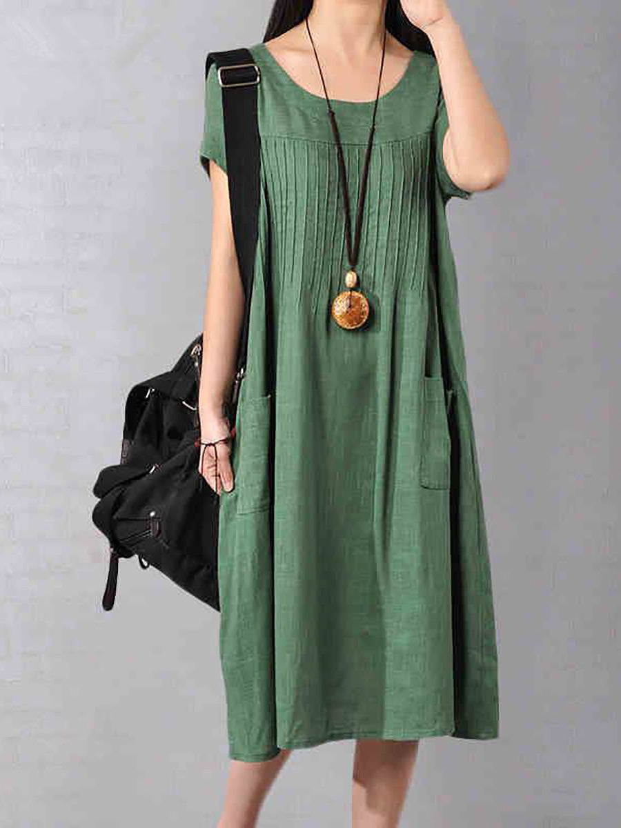 Plus Size Women Cotton Linen Loose Fitting Dress in Green – BUYKUD